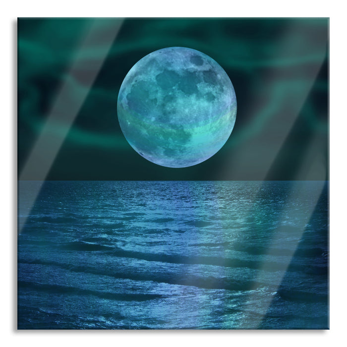 Pixxprint ruhiges Meer mit Vollmond, Glasbild Quadratisch