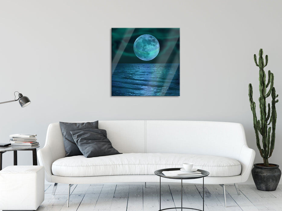 ruhiges Meer mit Vollmond, Glasbild Quadratisch