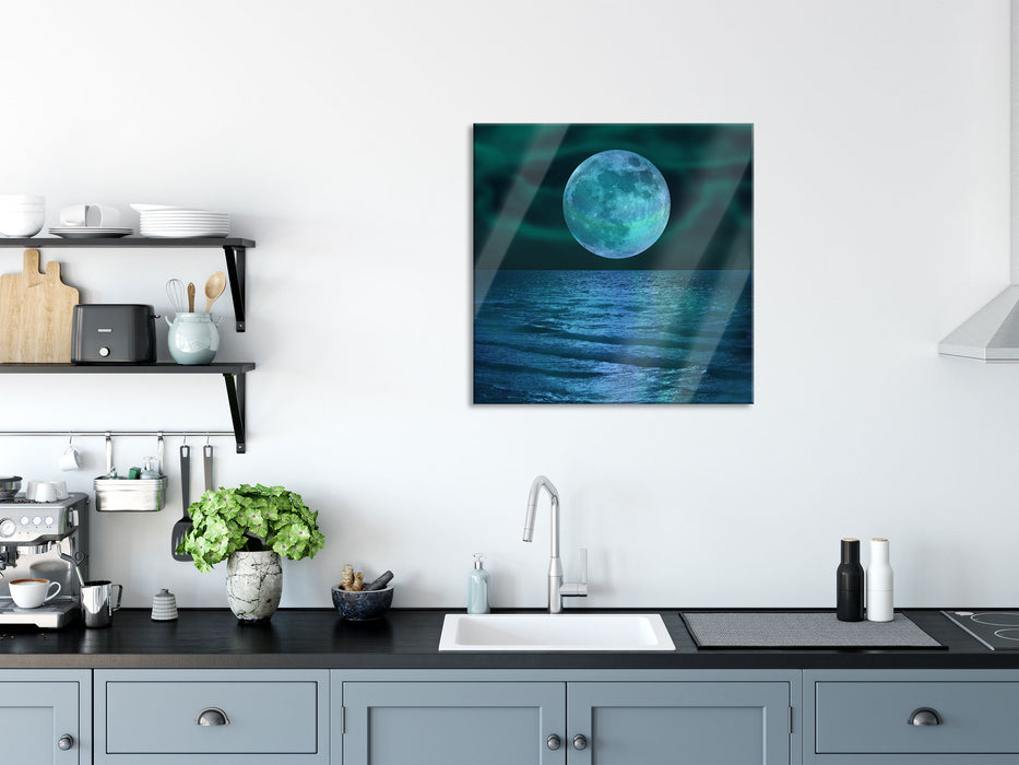 ruhiges Meer mit Vollmond, Glasbild Quadratisch