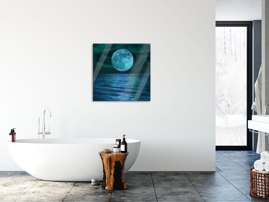 ruhiges Meer mit Vollmond, Glasbild Quadratisch