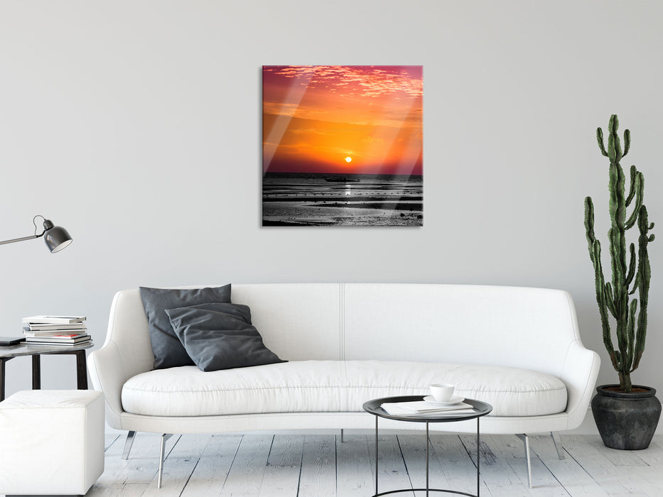 Sonnenaufgang über Wattmeer, Glasbild Quadratisch