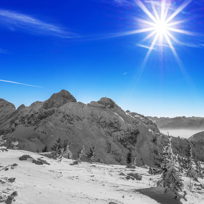 Verschneites Tannheimer Tal, Glasbild Quadratisch