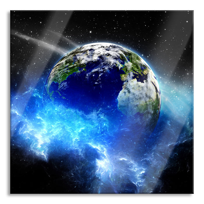 Erde im Kosmos Nebel, Glasbild Quadratisch