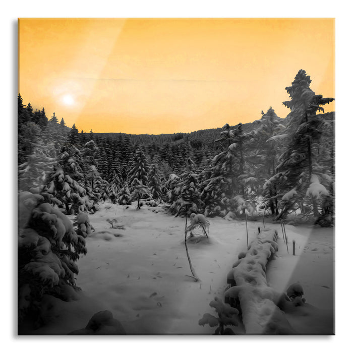 Pixxprint Wald im verschneiten Winter, Glasbild Quadratisch