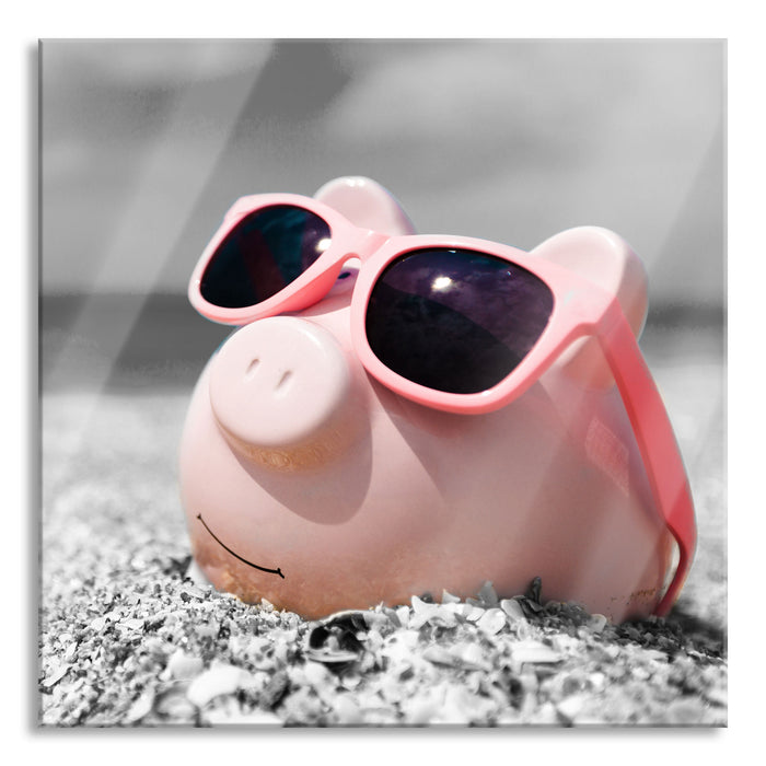 Pixxprint Sparschwein Sonnenbrille, Glasbild Quadratisch