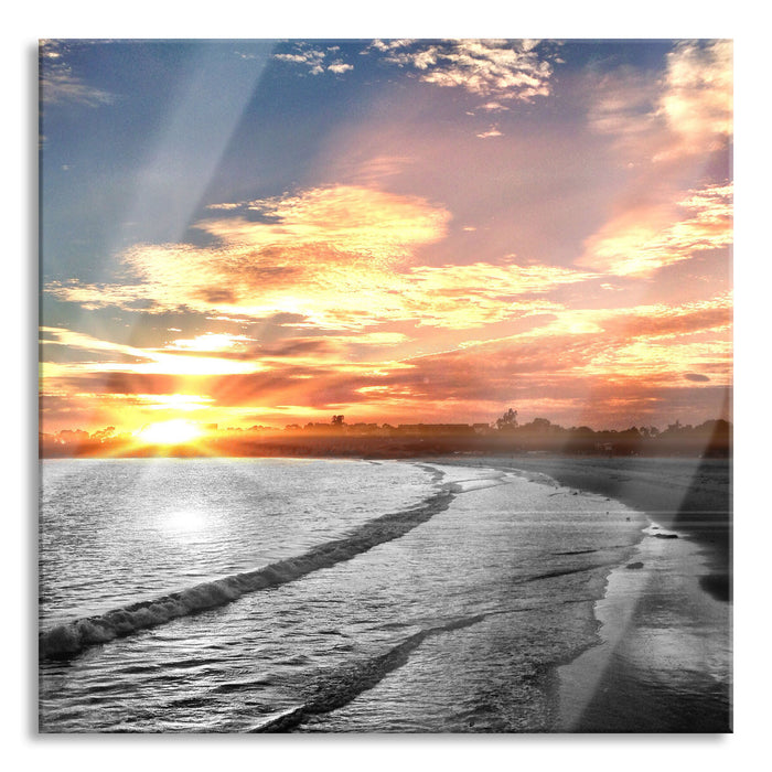 Strand bei Sonnenuntergang, Glasbild Quadratisch