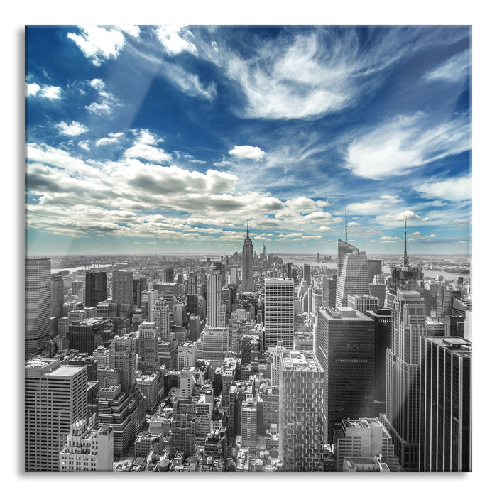 Pixxprint New York unter bewölktem Himmel, Glasbild Quadratisch