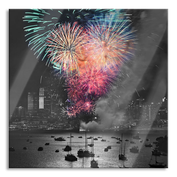 Pixxprint Feuerwerk über Meer, Glasbild Quadratisch