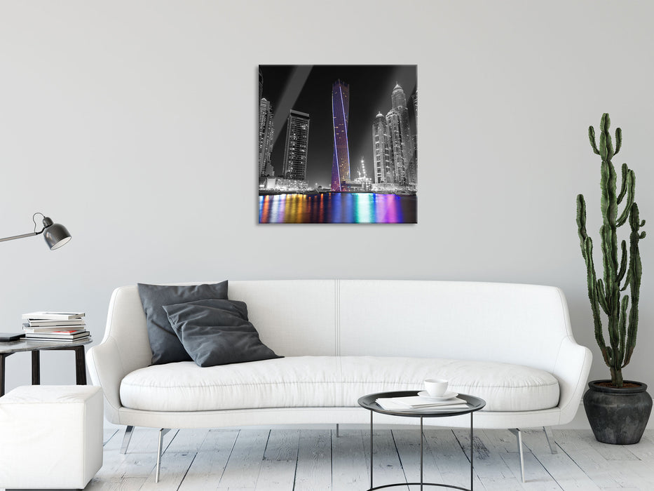 Skyline von Dubai bei Nacht, Glasbild Quadratisch