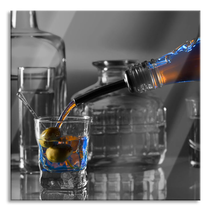 Pixxprint Alkohol Shots mit Oliven, Glasbild Quadratisch