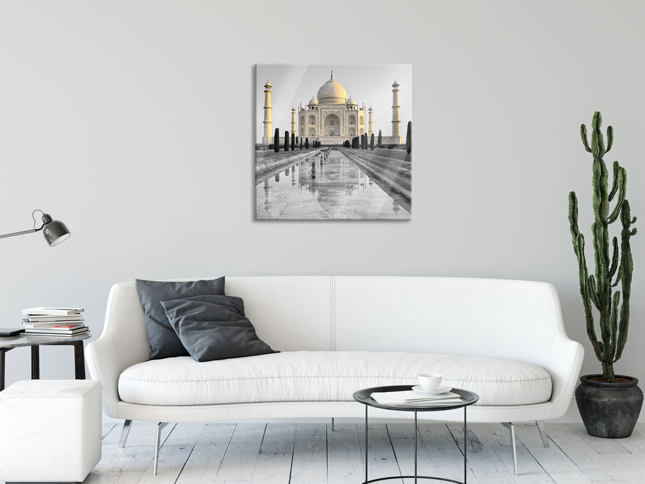 Taj Mahal in ruhiger Umgebung, Glasbild Quadratisch