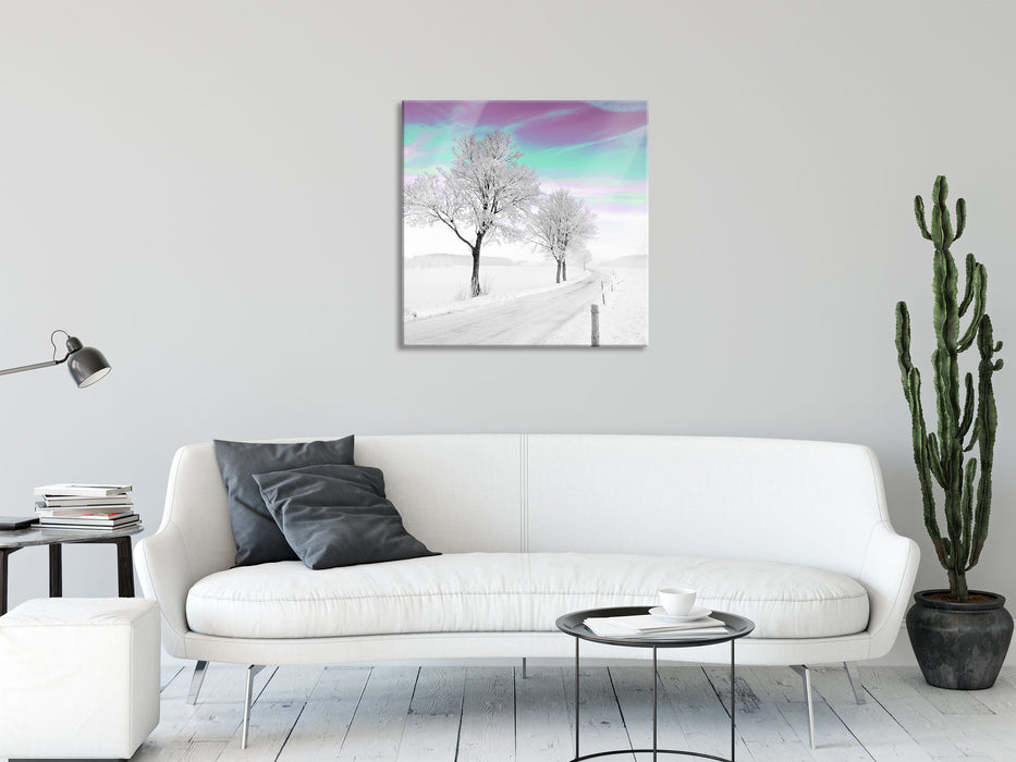 Baum in Winterlandschaft, Glasbild Quadratisch