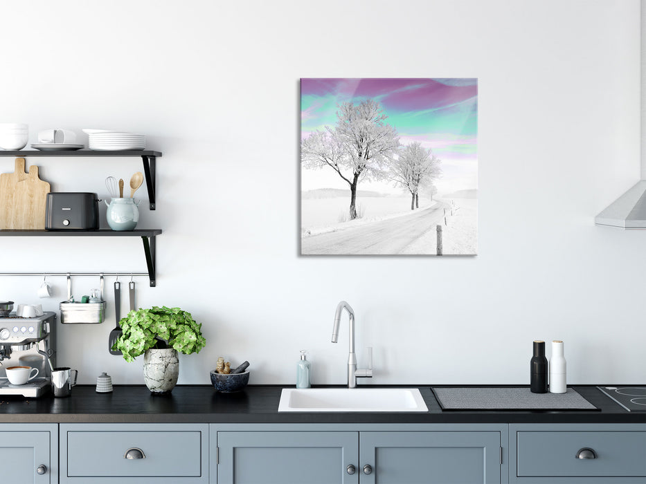 Baum in Winterlandschaft, Glasbild Quadratisch