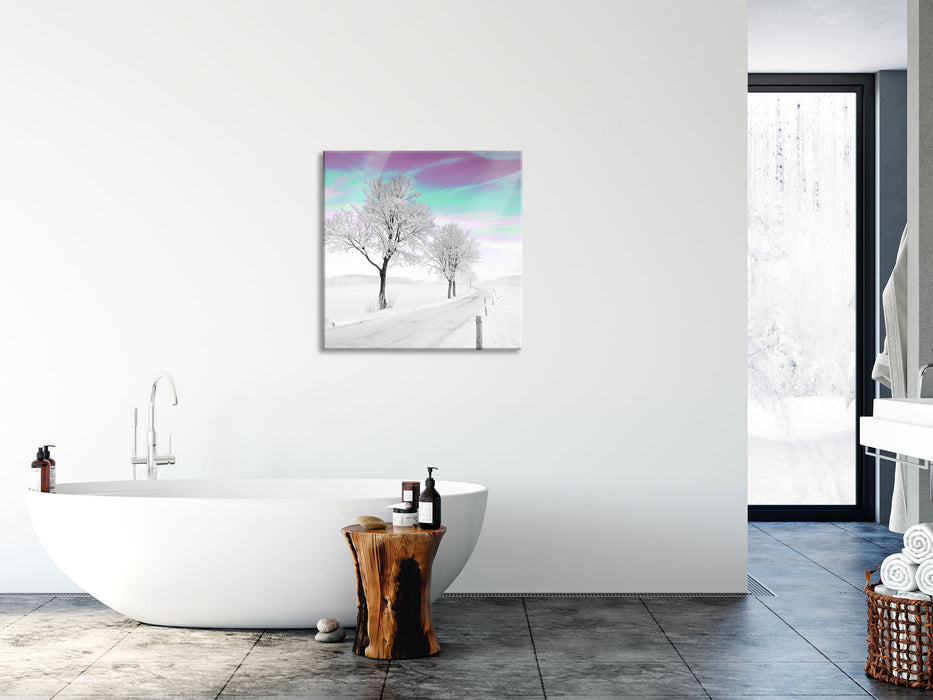 Baum in Winterlandschaft, Glasbild Quadratisch