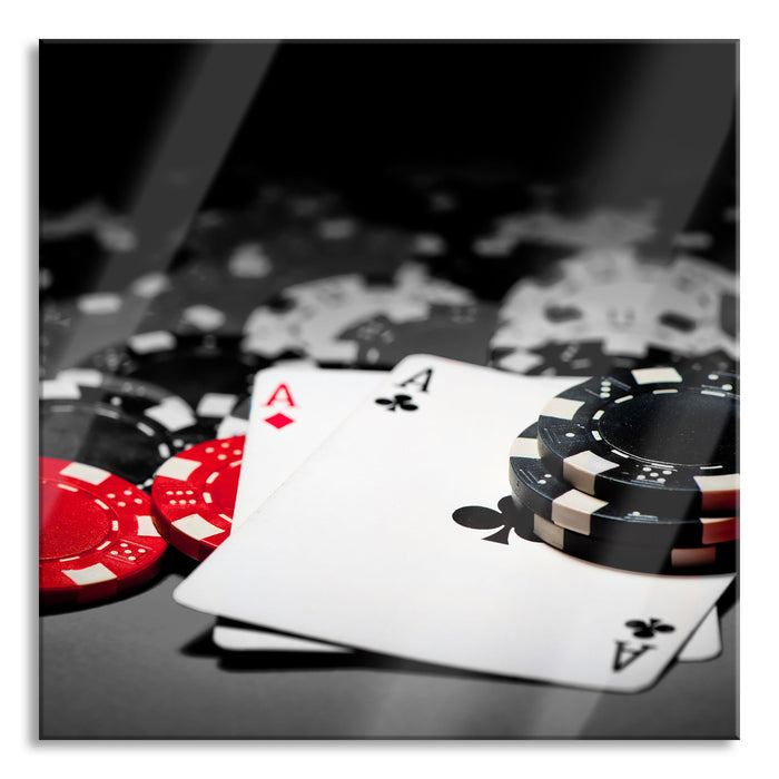 Spielkarten auf Pokertisch, Glasbild Quadratisch