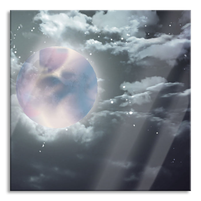 Pixxprint Vollmond Sterne Wolken, Glasbild Quadratisch