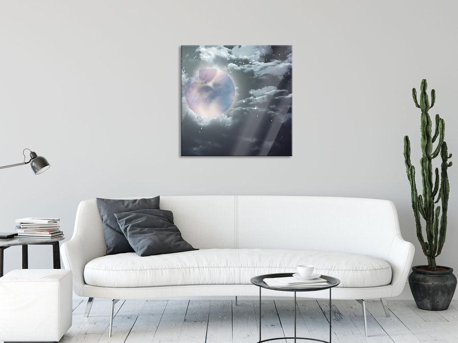 Vollmond Sterne Wolken, Glasbild Quadratisch