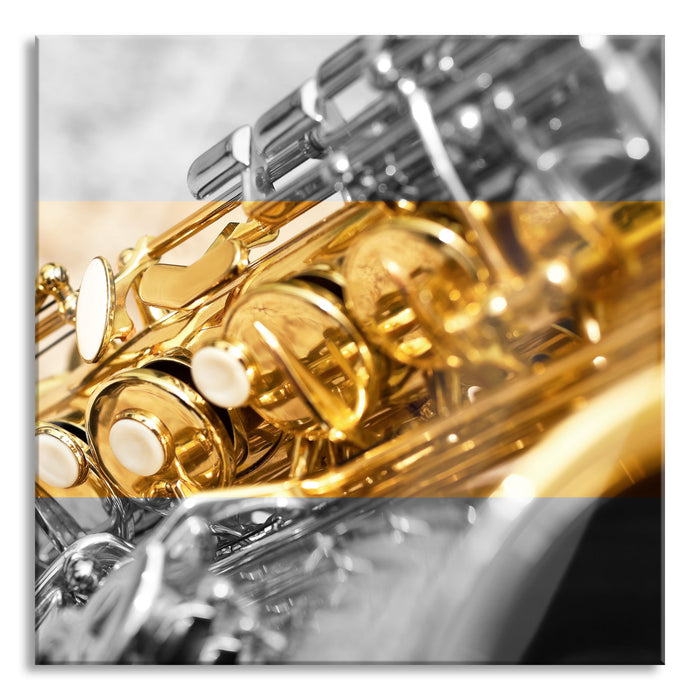 schimmerndes Saxophon, Glasbild Quadratisch