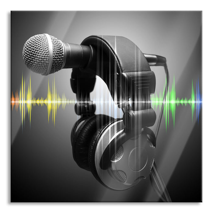 Pixxprint Mikrofon mit Kopfhörern, Glasbild Quadratisch