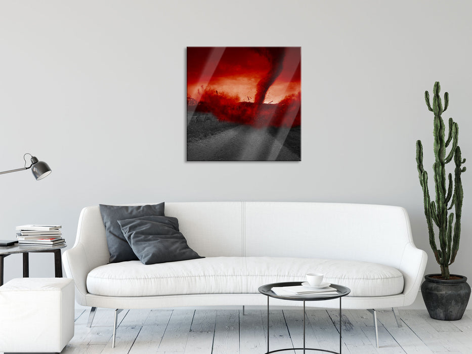 Roter stürmischer Tornado, Glasbild Quadratisch