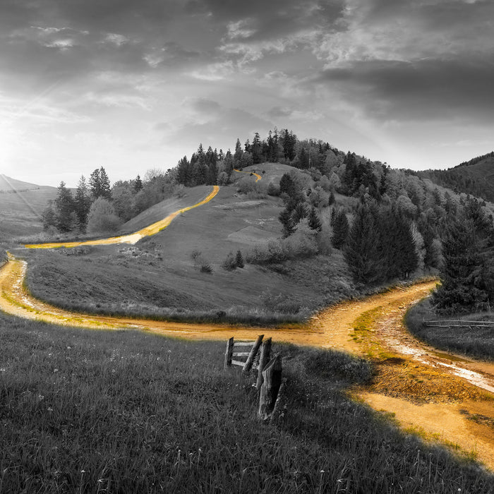 Verträumte Berglandschaft, Glasbild Quadratisch