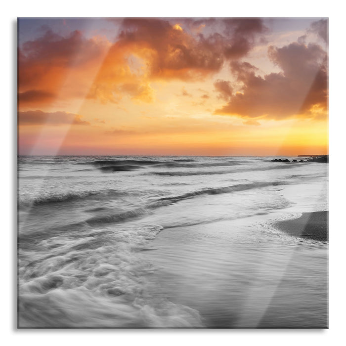 Strand mit Sonnenuntergang, Glasbild Quadratisch