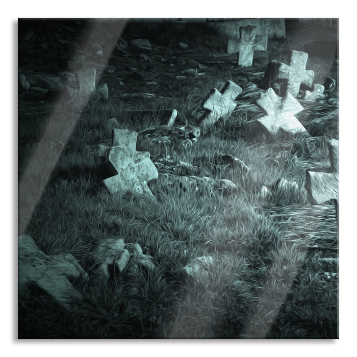 Pixxprint gruseliger Friedhof, Glasbild Quadratisch