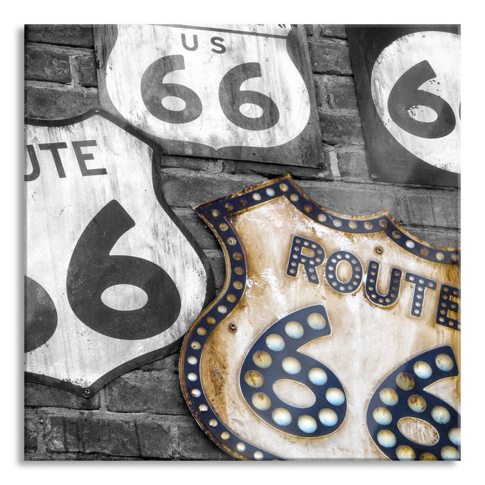 Pixxprint rustikale Route 66 Schilder, Glasbild Quadratisch