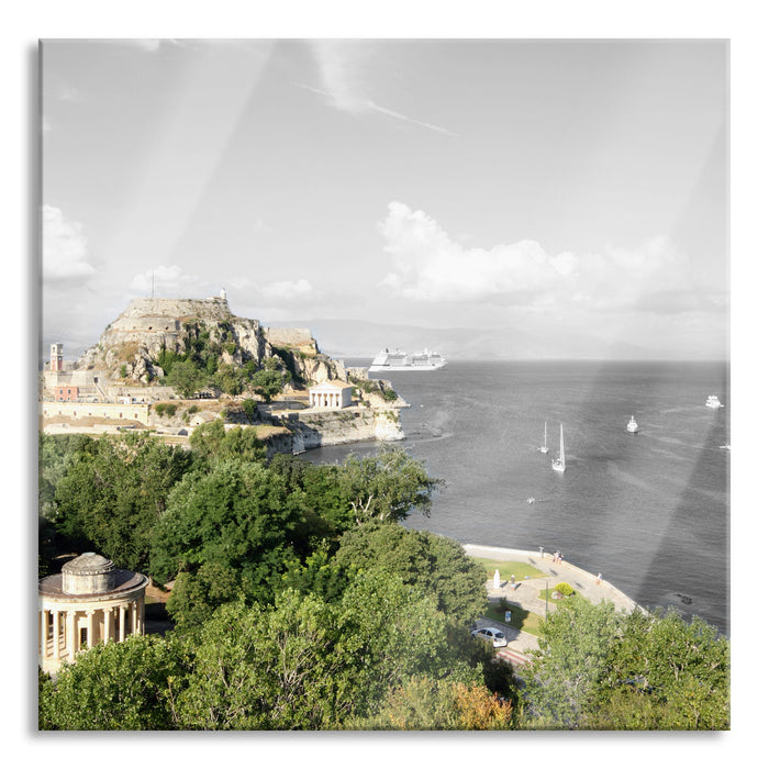 Pixxprint Aussicht auf Agios Mattheos, Glasbild Quadratisch