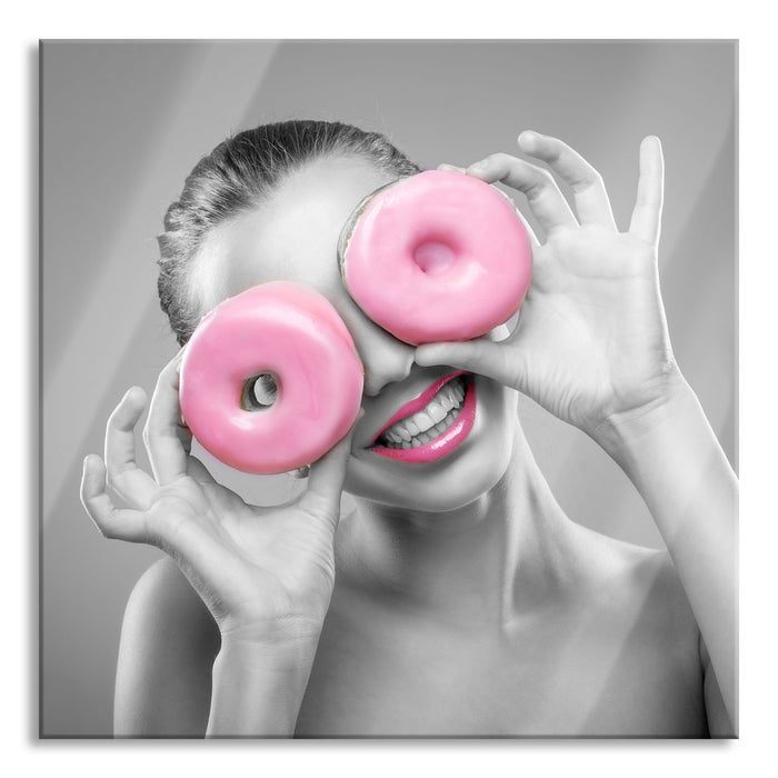 Pixxprint Frau mit Donut Augen, Glasbild Quadratisch