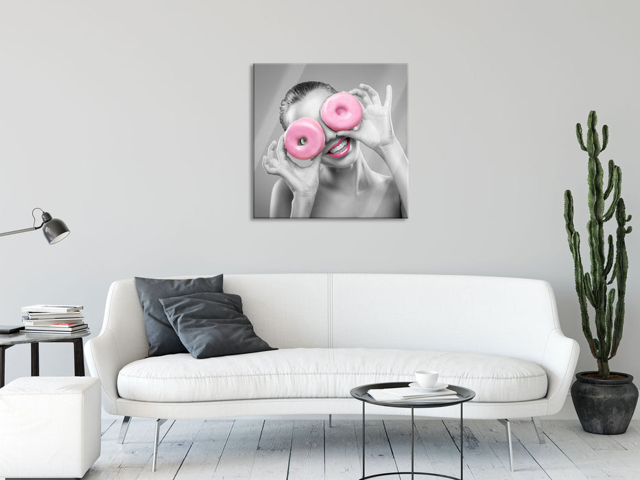 Frau mit Donut Augen, Glasbild Quadratisch