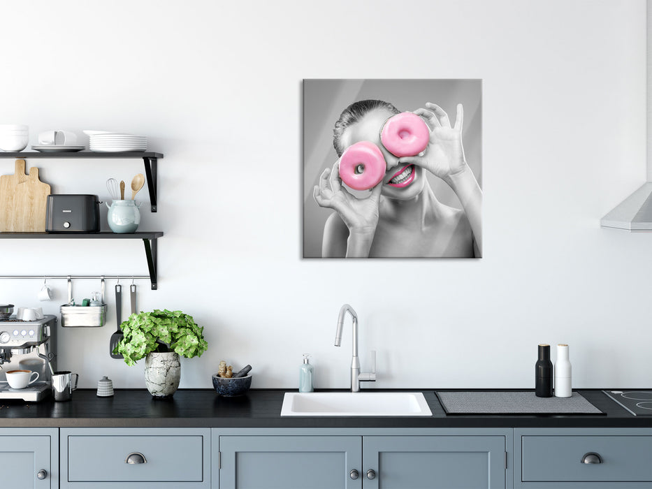 Frau mit Donut Augen, Glasbild Quadratisch