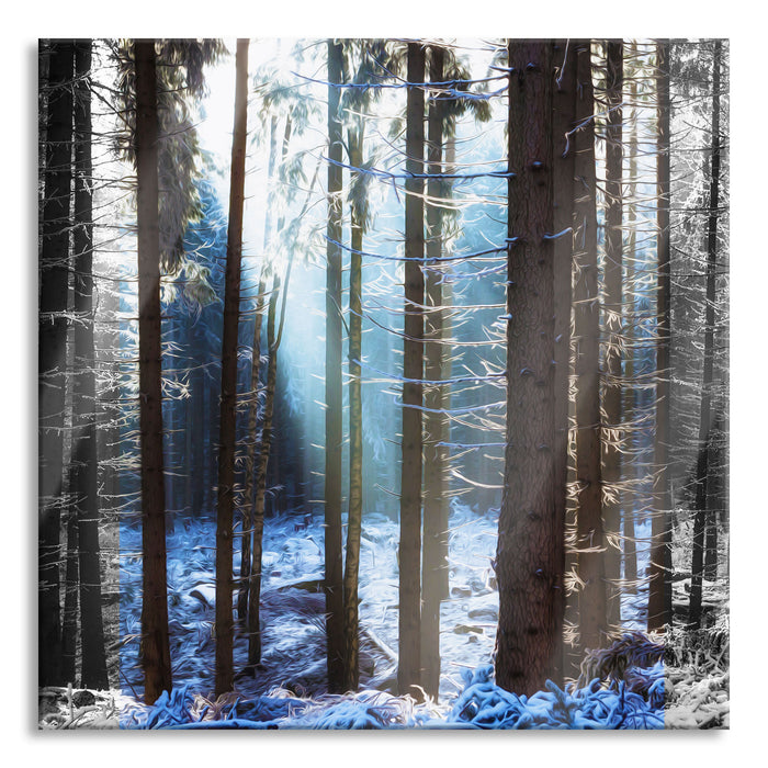 Pixxprint Sonne Winterwald, Glasbild Quadratisch