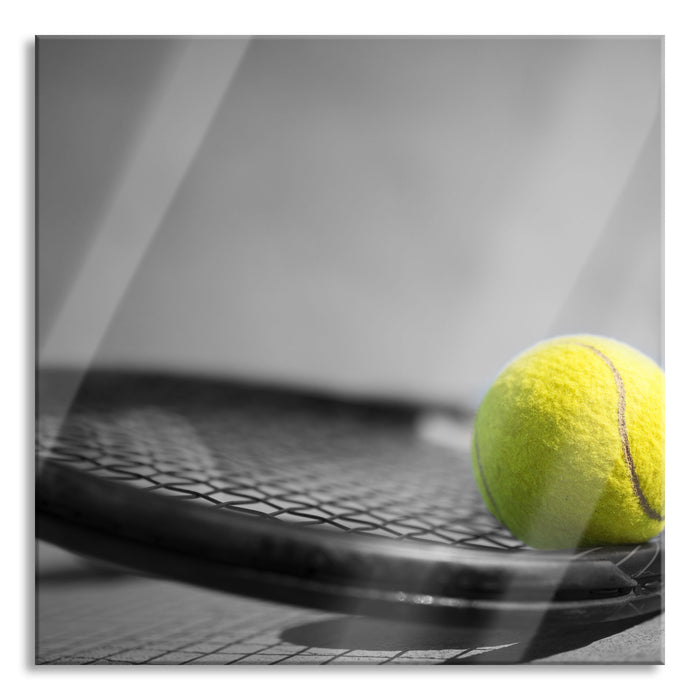Tennisball Schläger, Glasbild Quadratisch