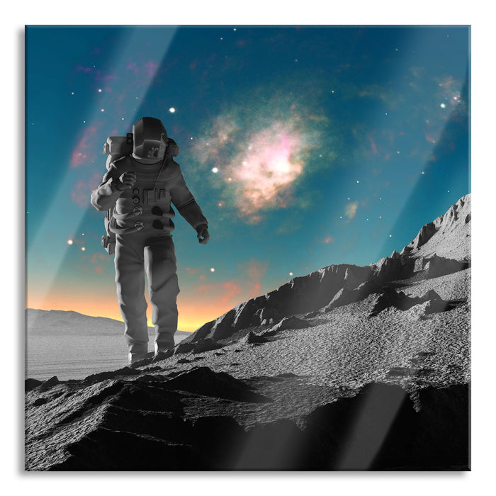 Pixxprint Astronaut läuft auf dem Mond, Glasbild Quadratisch