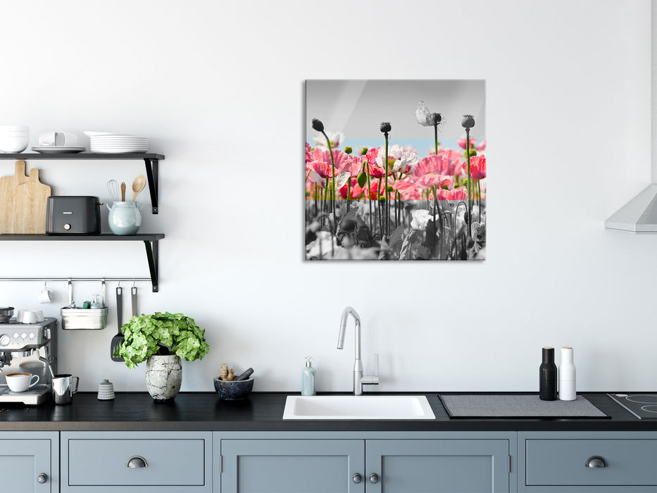 Blumenwiese Mohnblumen, Glasbild Quadratisch