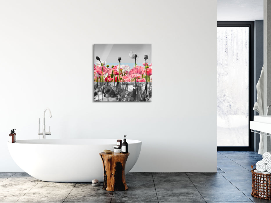 Blumenwiese Mohnblumen, Glasbild Quadratisch