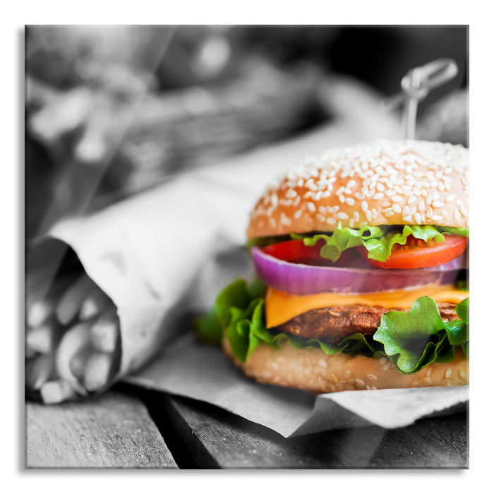 Pixxprint Burger mit Pommes, Glasbild Quadratisch