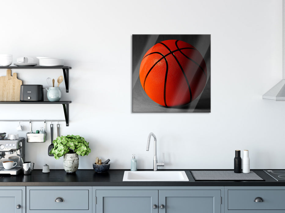 Basketball schwarzer Hintergrund, Glasbild Quadratisch