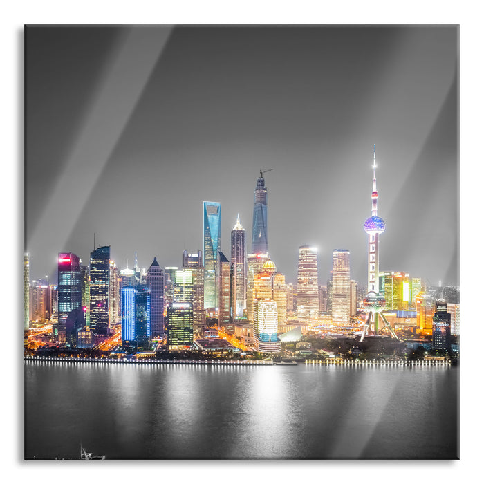 Pixxprint Shanghai Skyline bei Nacht, Glasbild Quadratisch