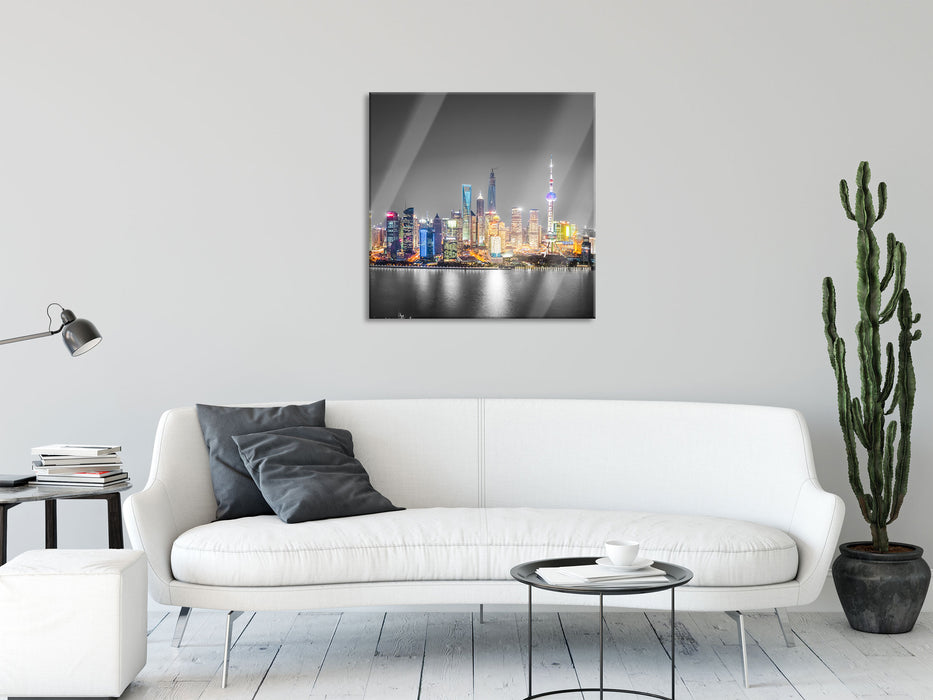 Shanghai Skyline bei Nacht, Glasbild Quadratisch