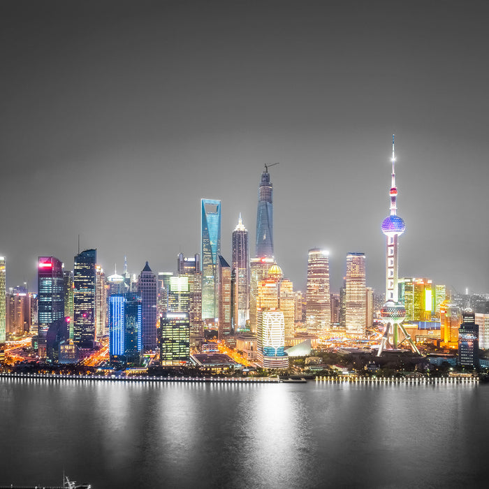 Shanghai Skyline bei Nacht, Glasbild Quadratisch