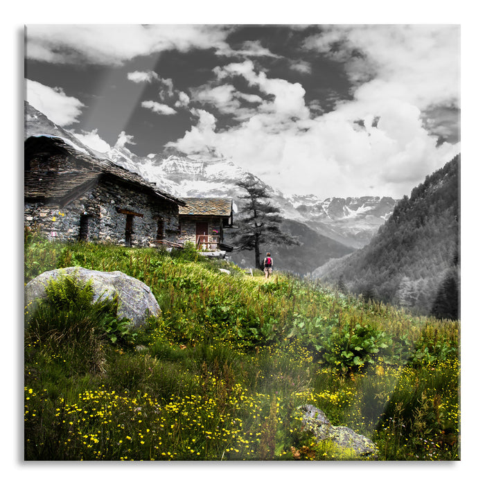 Pixxprint Steinhütte auf Berg, Glasbild Quadratisch