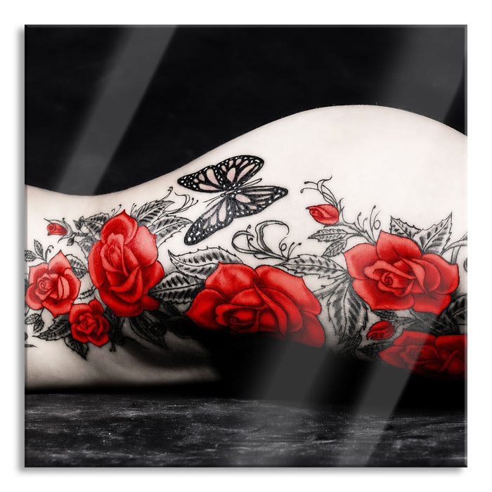 Pixxprint Rosen Tattoo mit Schmetterling, Glasbild Quadratisch