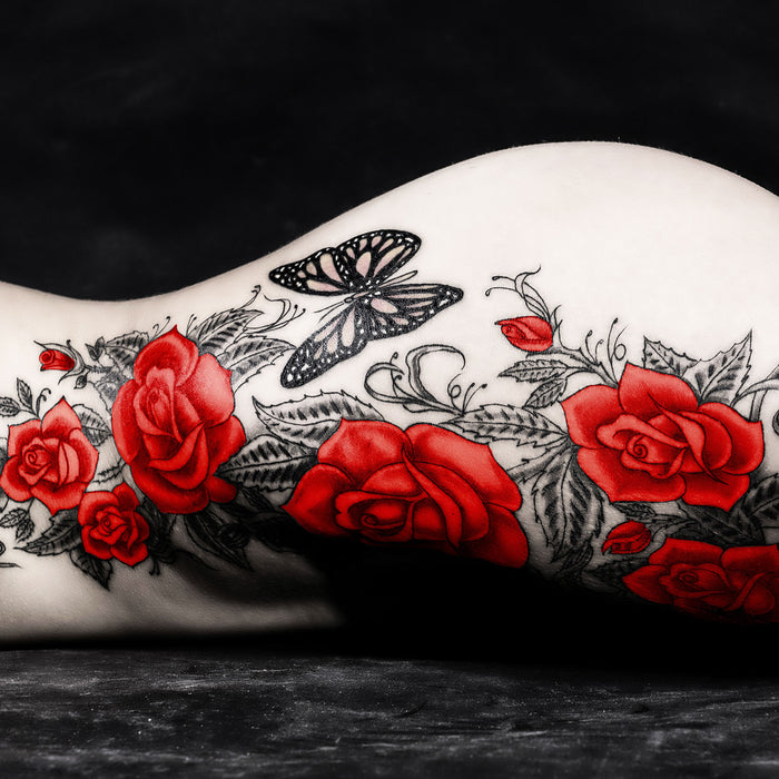 Rosen Tattoo mit Schmetterling, Glasbild Quadratisch