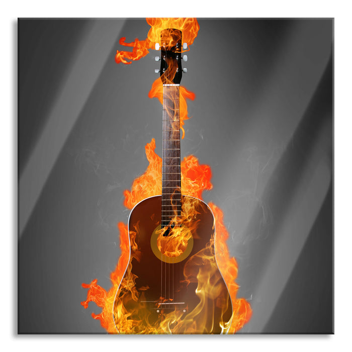 Pixxprint Brennende Gitarre Heiße Flammen, Glasbild Quadratisch