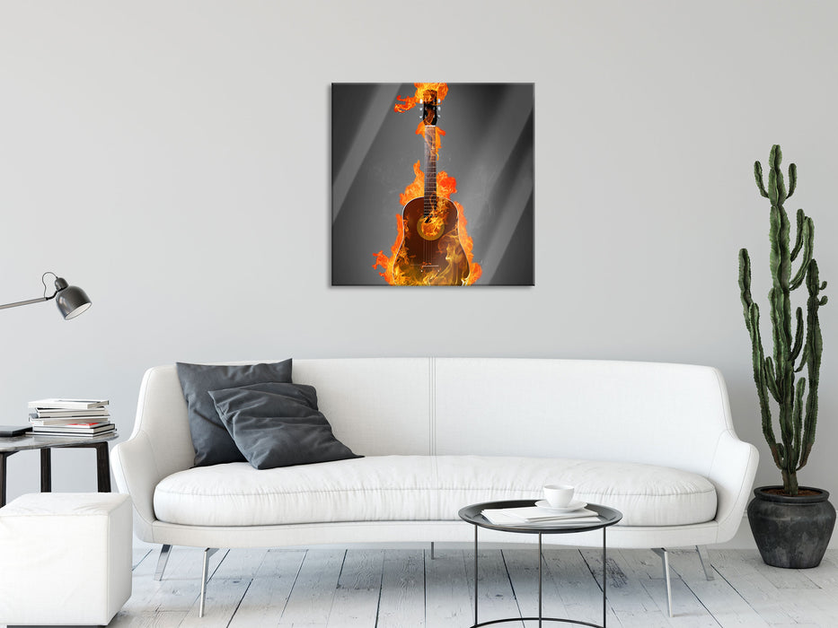 Brennende Gitarre Heiße Flammen, Glasbild Quadratisch