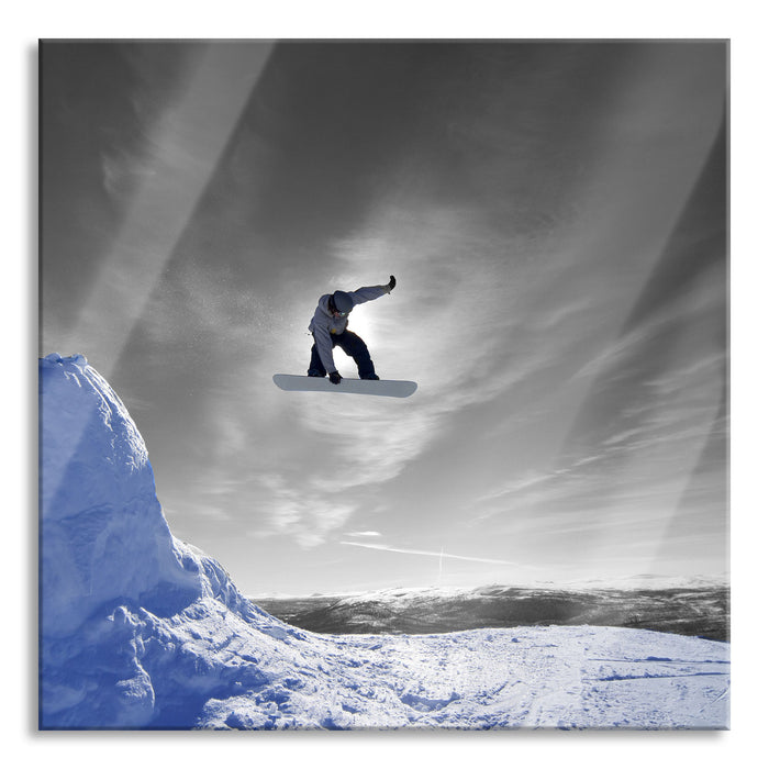 Pixxprint Snowboard Sprung Extremsport, Glasbild Quadratisch