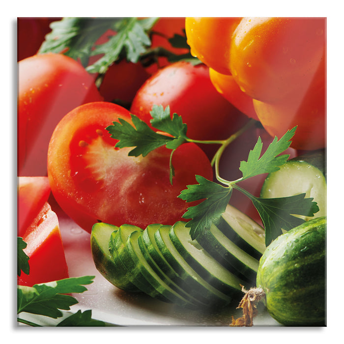 Pixxprint Obst Gemüse Gurke Tomaten, Glasbild Quadratisch