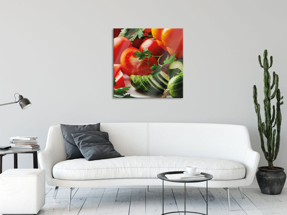 Obst Gemüse Gurke Tomaten, Glasbild Quadratisch